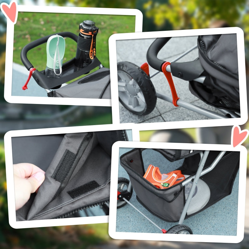 Pet Stroller with Zipper, 3 Wheel Removable & Washable Bottom Pad, Charcoal Grey
