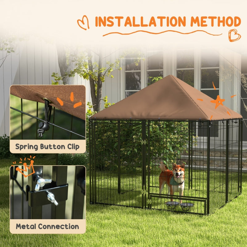 Outdoor Dog Kennel Play Pen with Canopy and Rotating Bowl