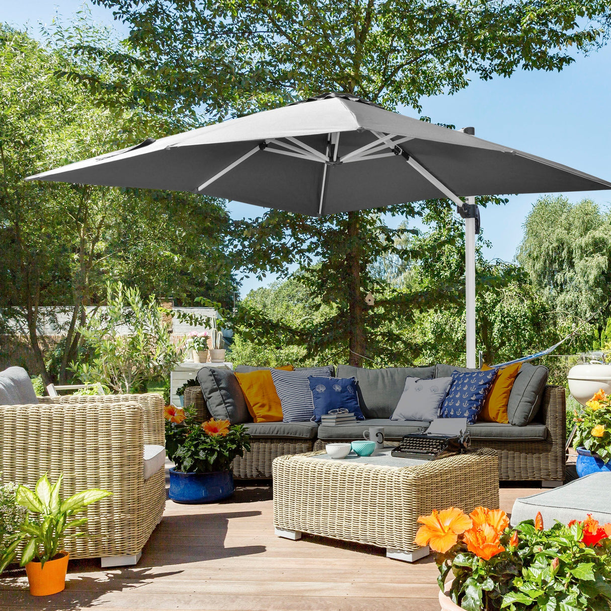 Cantilever Roma Parasol, Square Garden Umbrella with Cross Base, Crank, Tilt, 360?? Rotation, Aluminium Frame, Grey