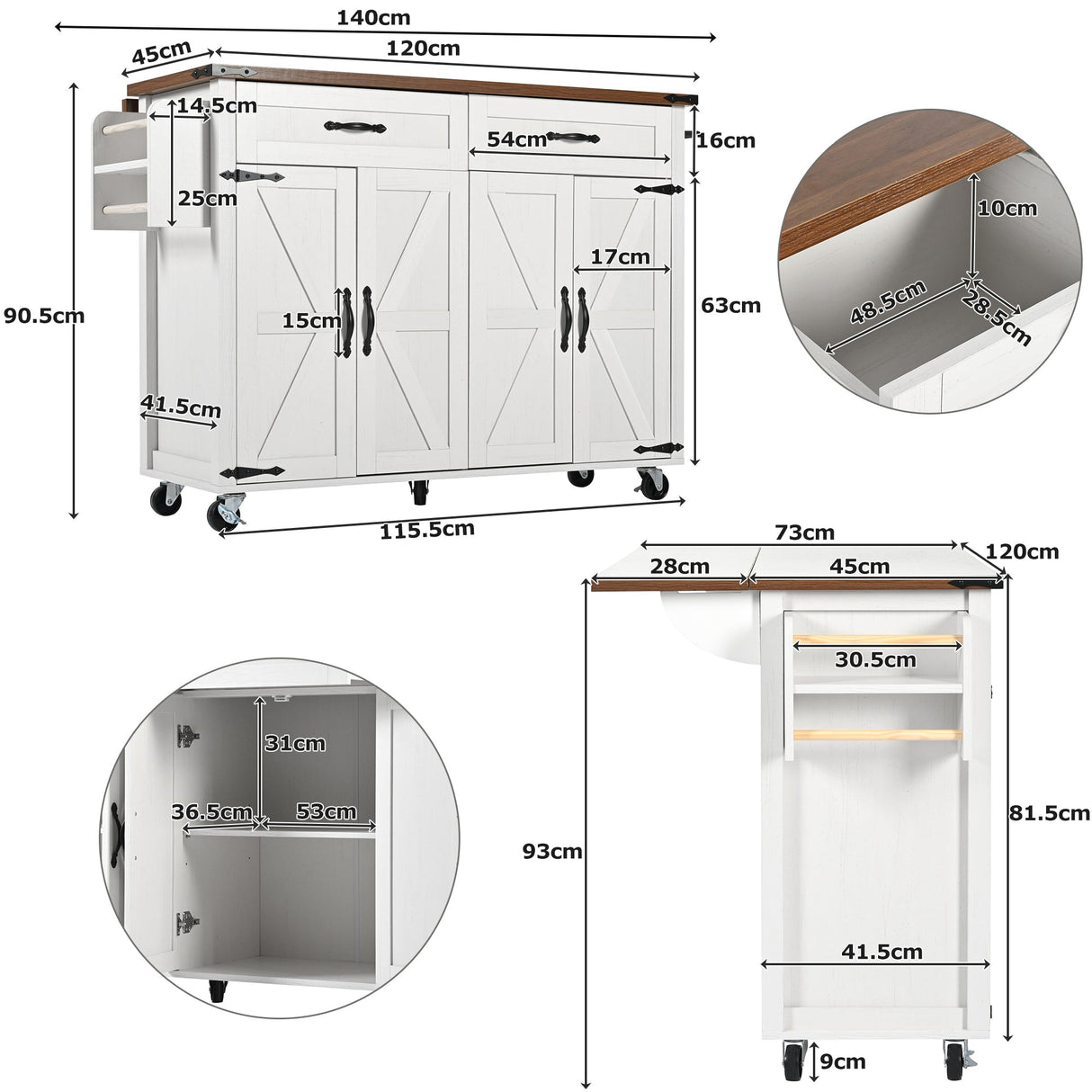 Farmhouse Style Rolling Kitchen Island Storage Trolley with Large Cabinet, 2 Drawers, Adjustable Shelf, Spice & Towel Rack, White