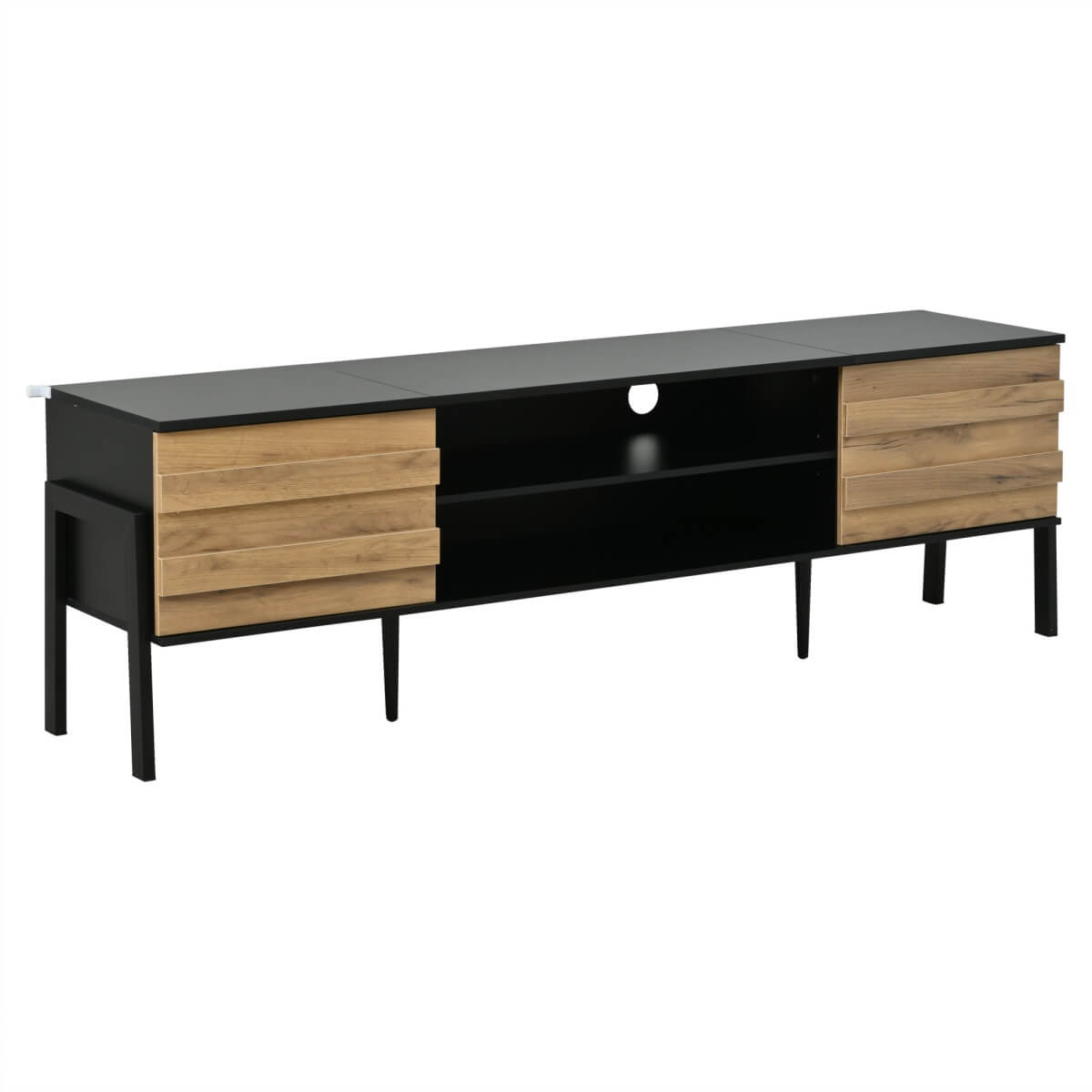 TV Unit with Storage – 2 Cabinets & Open Shelves, Natural Wood & Black
