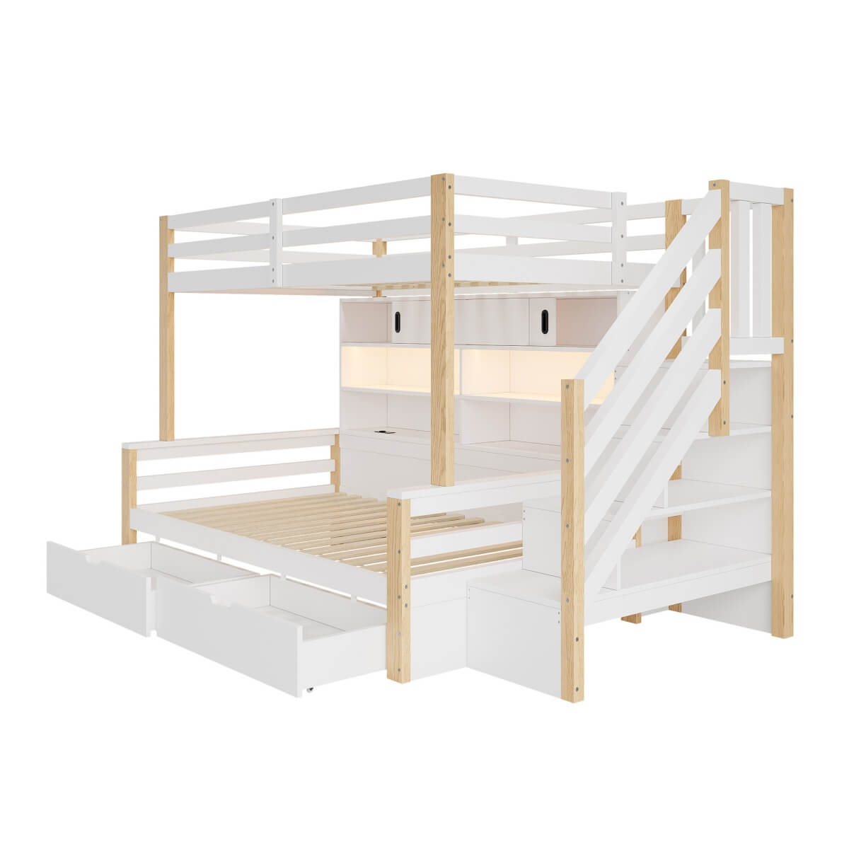 3ft Single Bunk Bed with Storage Staircase - Kids Bunk Bed Frame with Drawers, Shelves, LED Lights and Charging Station, White and Natural