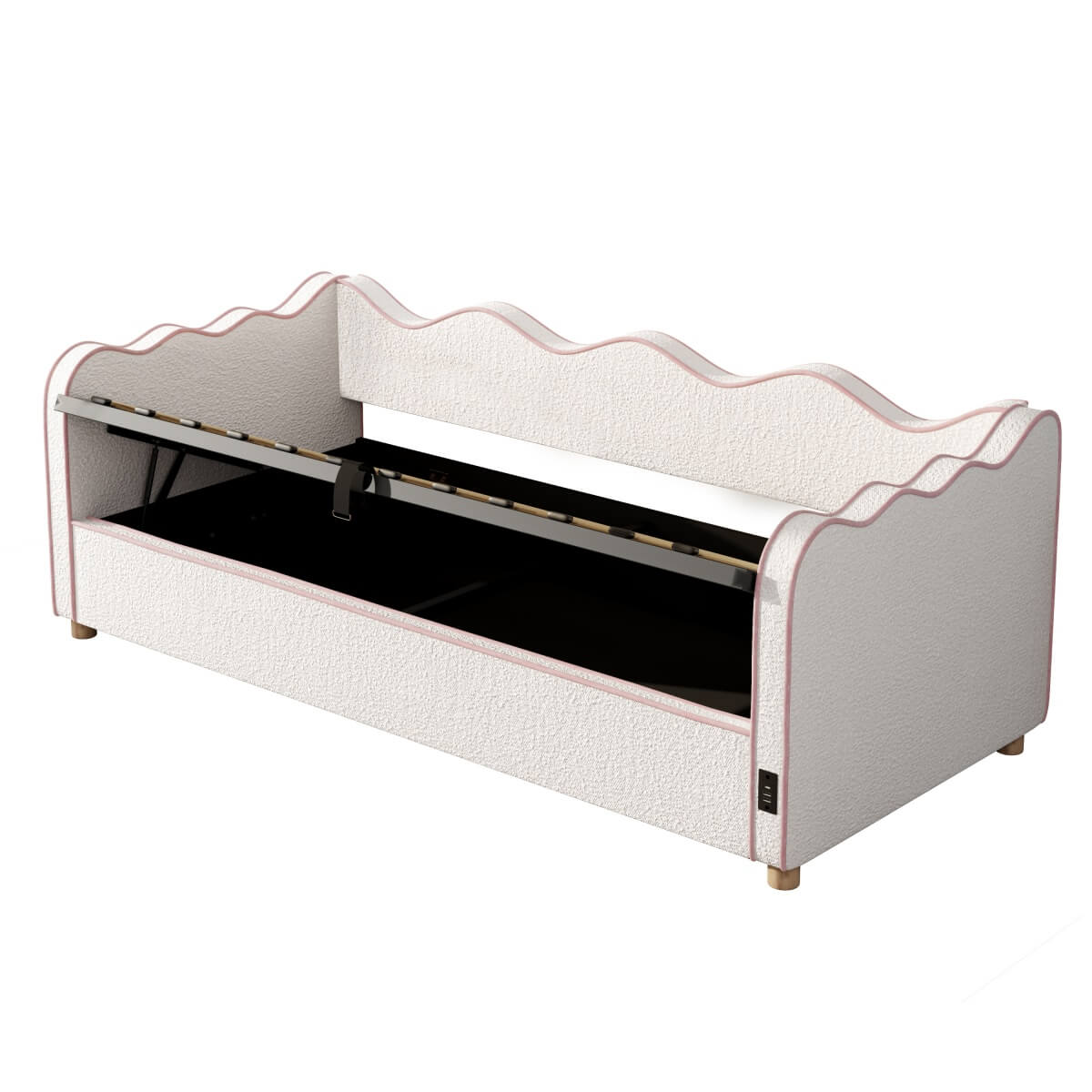 3ft Bouclé Daybed with Hydraulic Storage - Upholstered Sofa Bed with USB Port, Beige