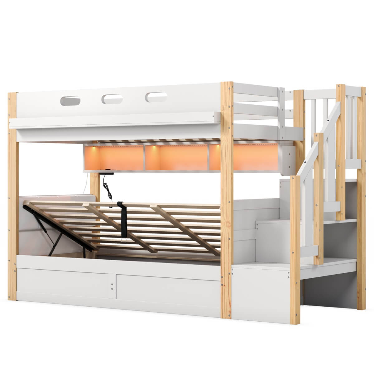 3ft Single Wooden Bunk Bed with Hydraulic Lower Bed - Solid Wood Kids Bed with Storage Stairs, LED Lights and USB Charging, White and Natural