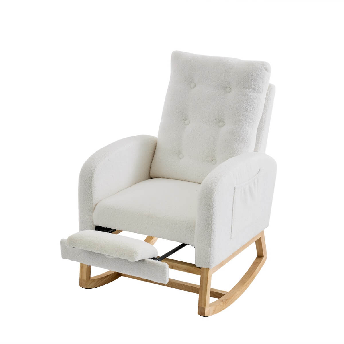 Rocking Chair with USB Charging Ports - Teddy Fabric Nursing Chair with Adjustable Footrest, Side Pocket for Nursery, Living Room & Bedroom, White