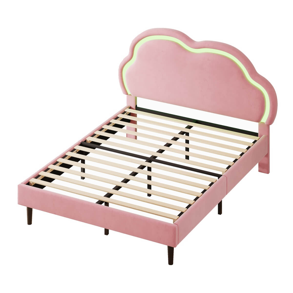 4ft6 Double Velvet Bed Frame - LED Cloud Headboard, Adjustable Height, Pink