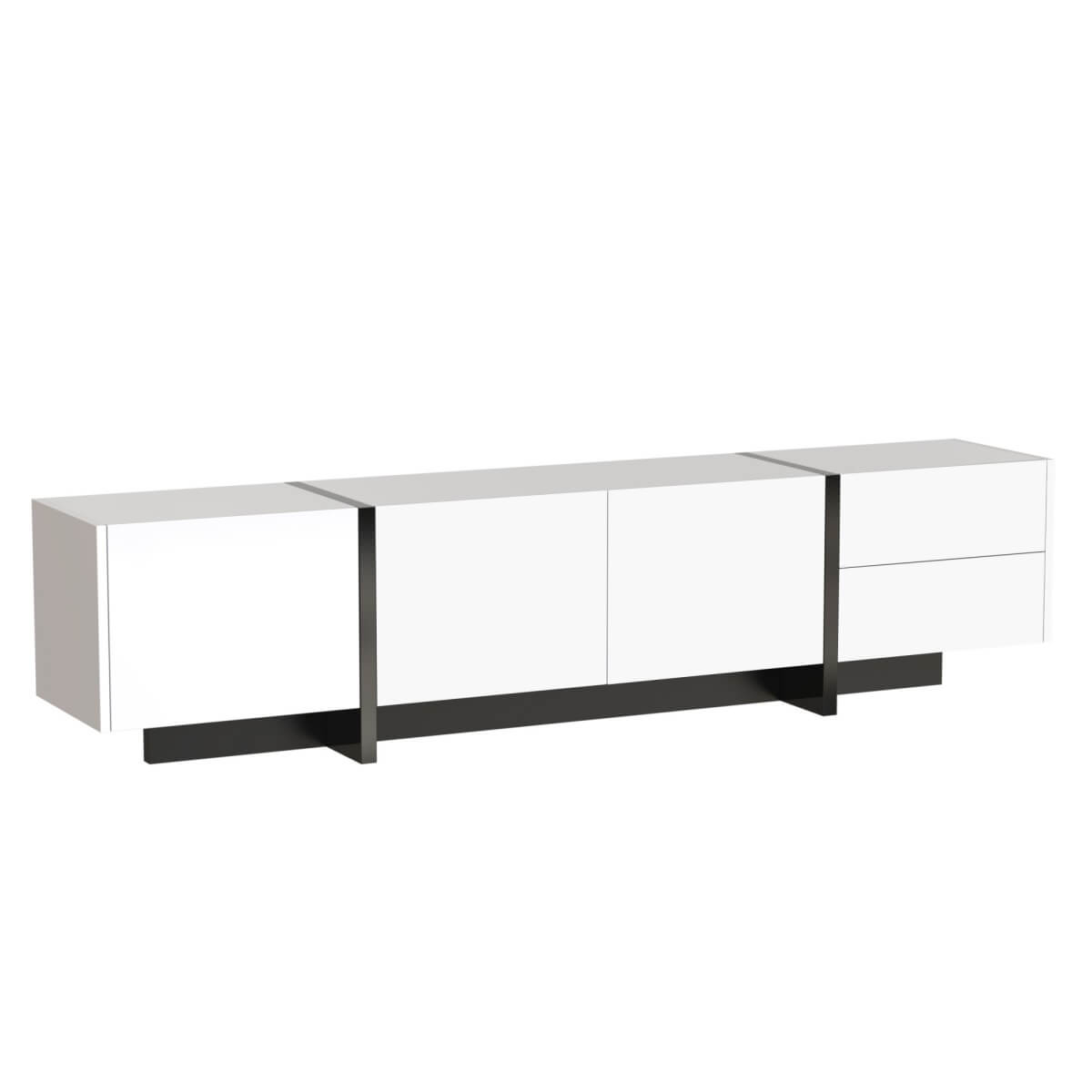 High Gloss TV Unit with Doors and Drawers - Modern White and Black TV Stand with Storage Shelves and Colour-Block Legs