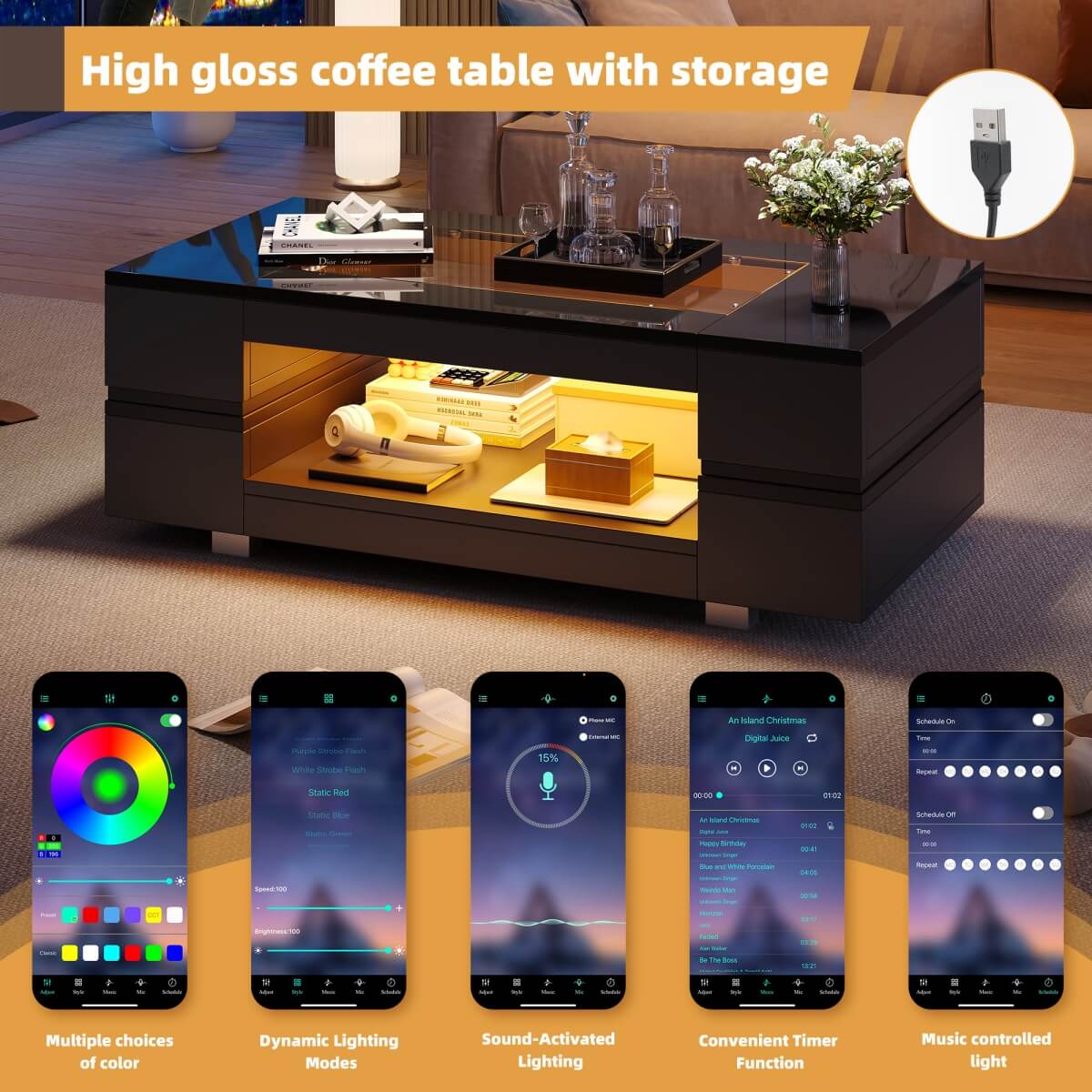 High Gloss Coffee Table with LED Lights – Black Centre Table with Glass Top & Open Storage