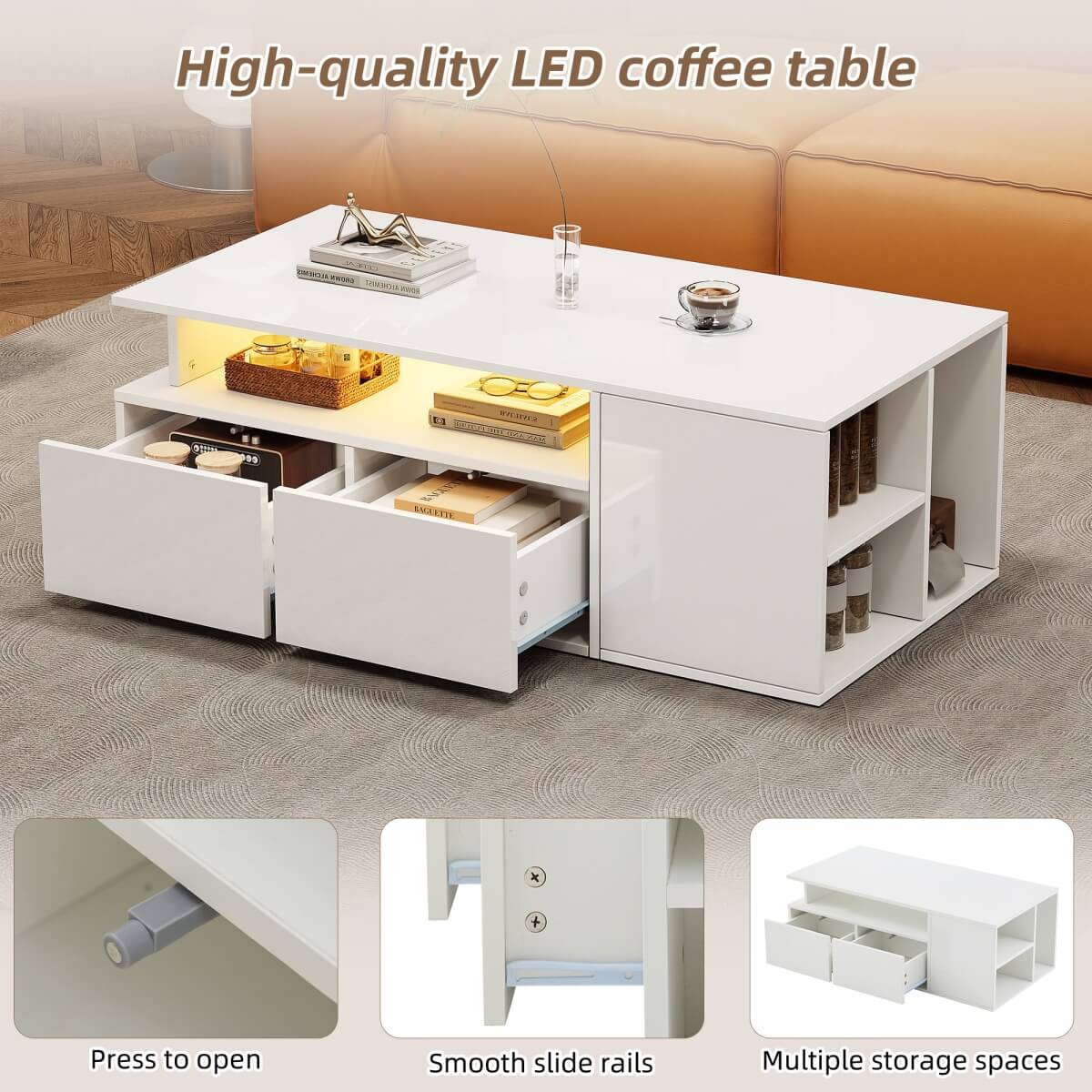 High Gloss Coffee Table with LED Lights - White Centre Table with 2 Drawers & Open Storage