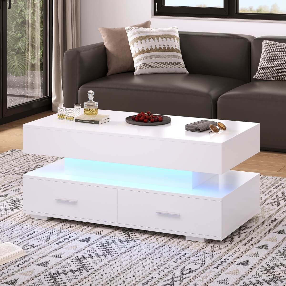 LED Lift Top Coffee Table - Hydraulic Storage Coffee Table with Drawers for Living Room, White