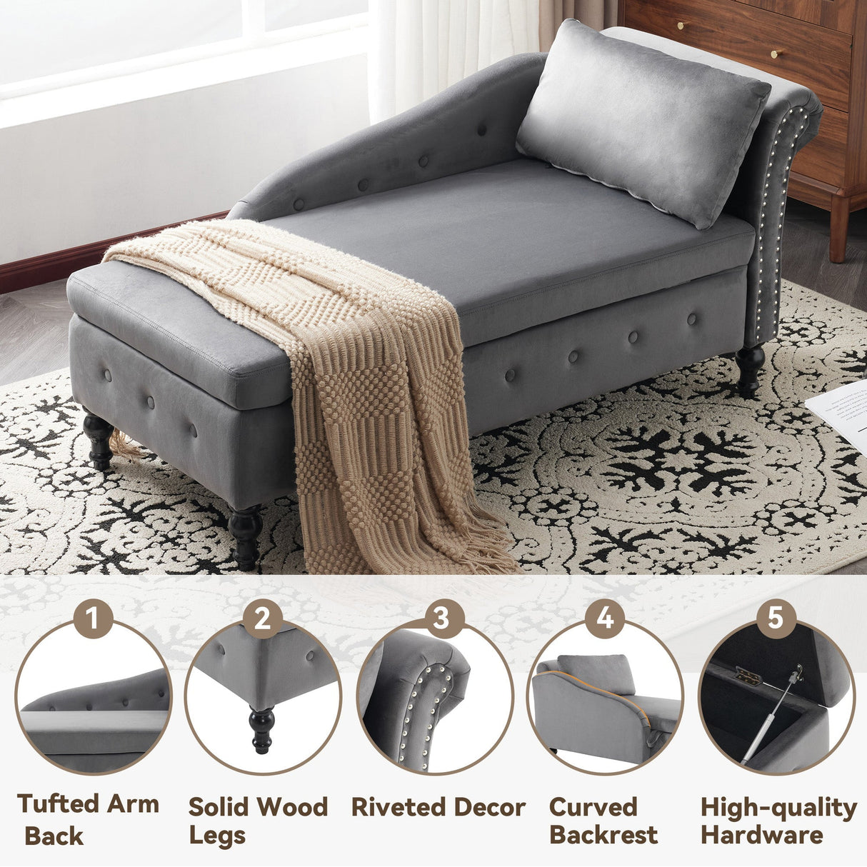 Velvet Chaise Lounge Sofa with Storage, Right Armrest