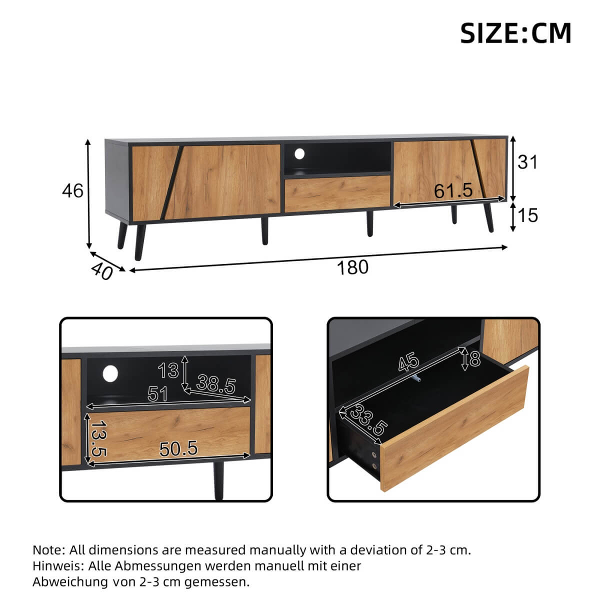 Wood & Black TV Stand Cabinet – 1 Drawer, 2 Doors, Entertainment Console for Living Room, Fits Up to 75" TV