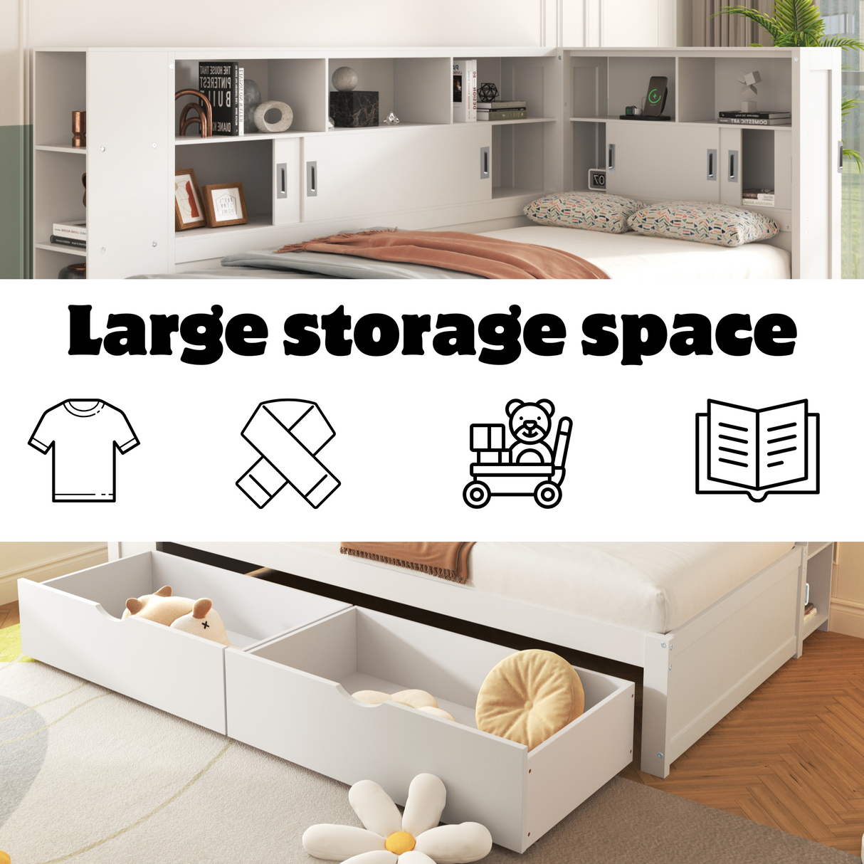 Platform Bed with Trundle, Bookcase & USB, Single 3ft, Storage Drawers and Shelves, White