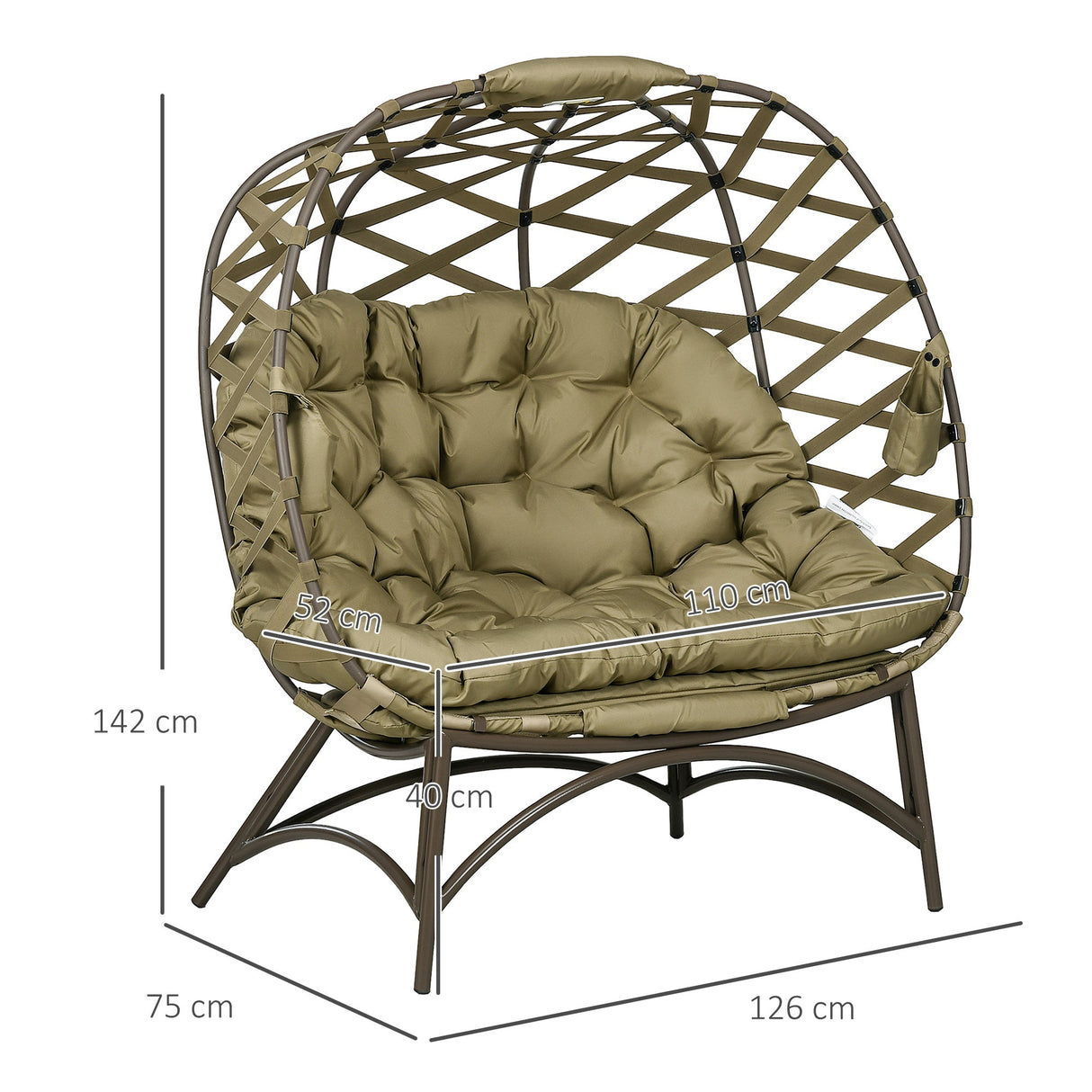 2 Seater Egg Chair Outdoor, Folding Weave Garden Furniture with Cushion, Khaki