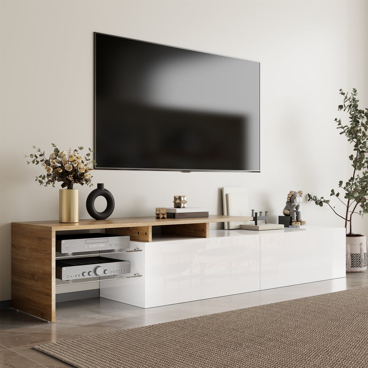TV Cabinet with Glass Shelves and LED Lighting, High-Gloss White and Wood Look