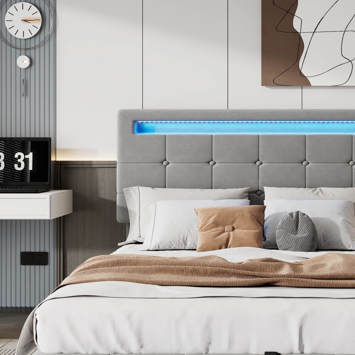 4ft6 Double Velvet Ottoman Bed - LED Storage Bed Frame with 7 Colour Lights, Grey