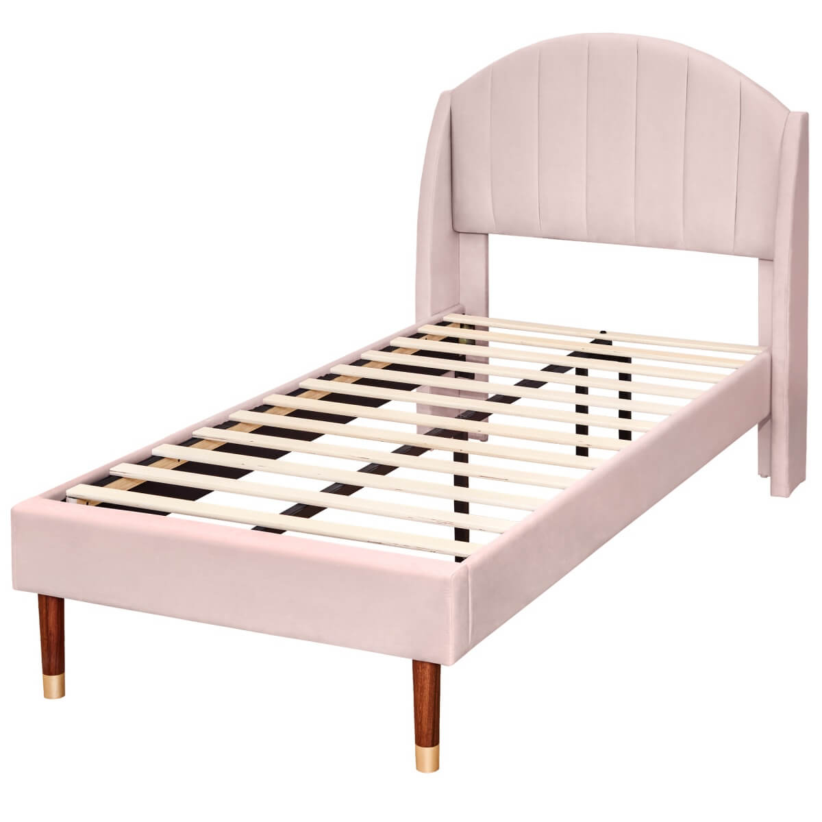 3FT Single Upholstered Velvet Bed - Slatted Frame with Headboard