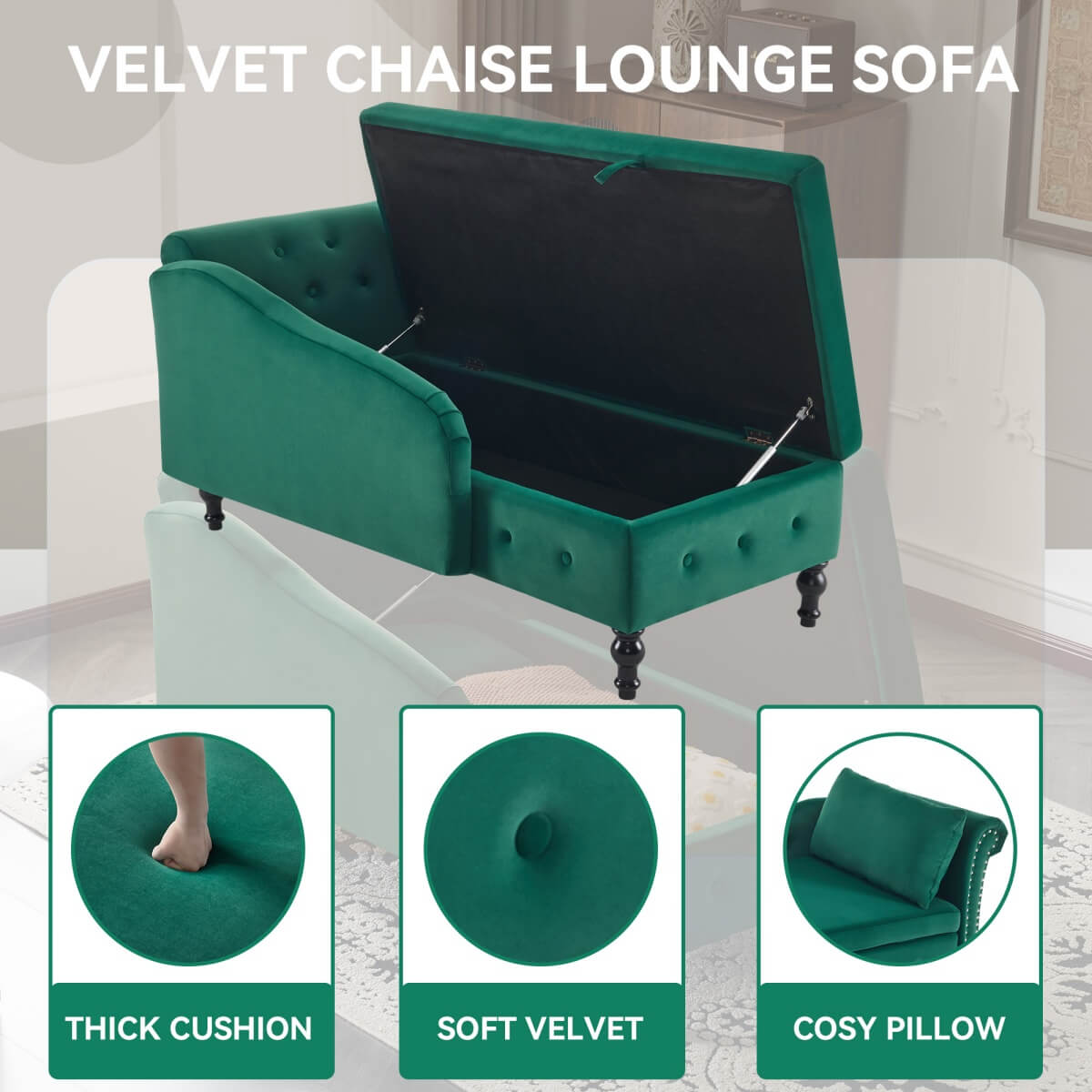 Velvet Chaise Lounge with Storage - Tufted Upholstered Sofa, Right Armrest, Green