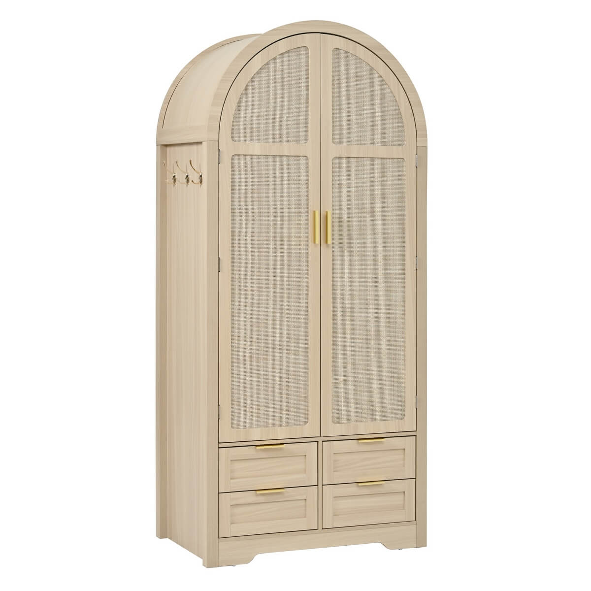 Modern Wardrobe with Curved Doors - Bedroom Storage Cabinet with Hanging Rail and Drawers, Oak