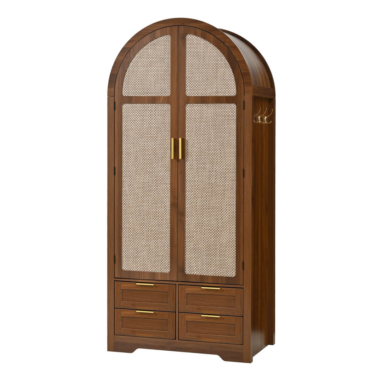 Modern Wardrobe with Curved Doors - Bedroom Storage Cabinet with Hanging Rail and Drawers, Walnut