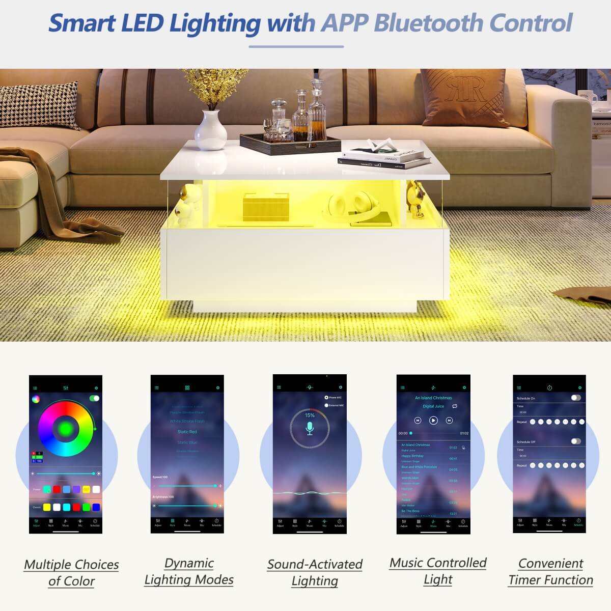 LED Coffee Table with Storage - Square Design, 2 Sliding Drawers, White