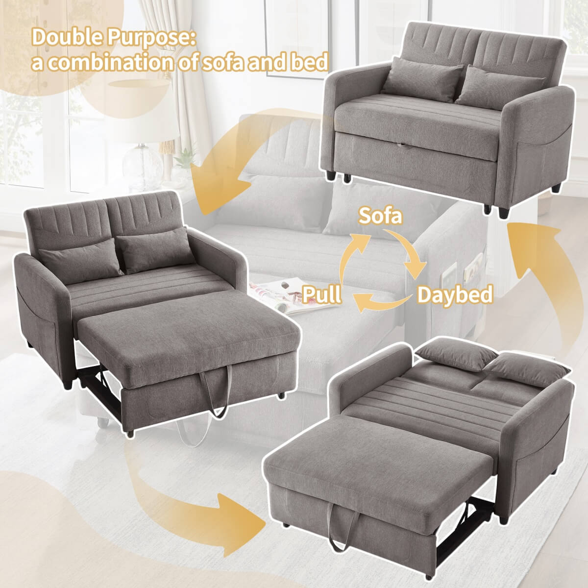 2 Seater Pull-Out Sofa Bed with Adjustable Backrest - Convertible Sleeper Sofa, Cotton Linen Fabric, Dark Gray