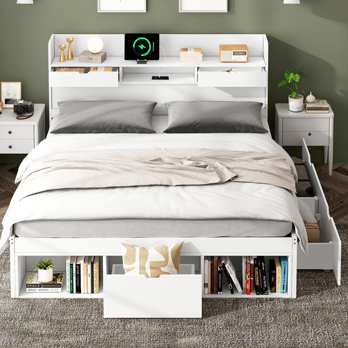 Double Bed 4ft6 (135*190cm) with USB Port, Drawers & Storage Cabinet, White