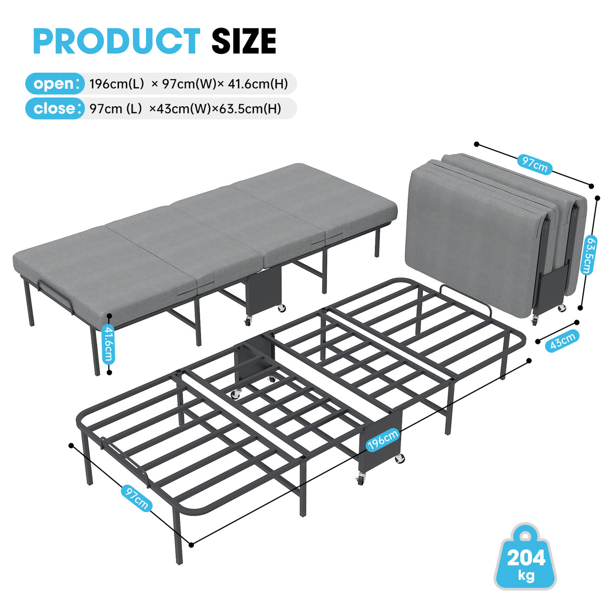 90cm190cm Folding Bed with 6cm Memory Foam Mattress, Adult Single Portable Bed on Wheels, 204kg Capacity, Space-Saving Guest Bed