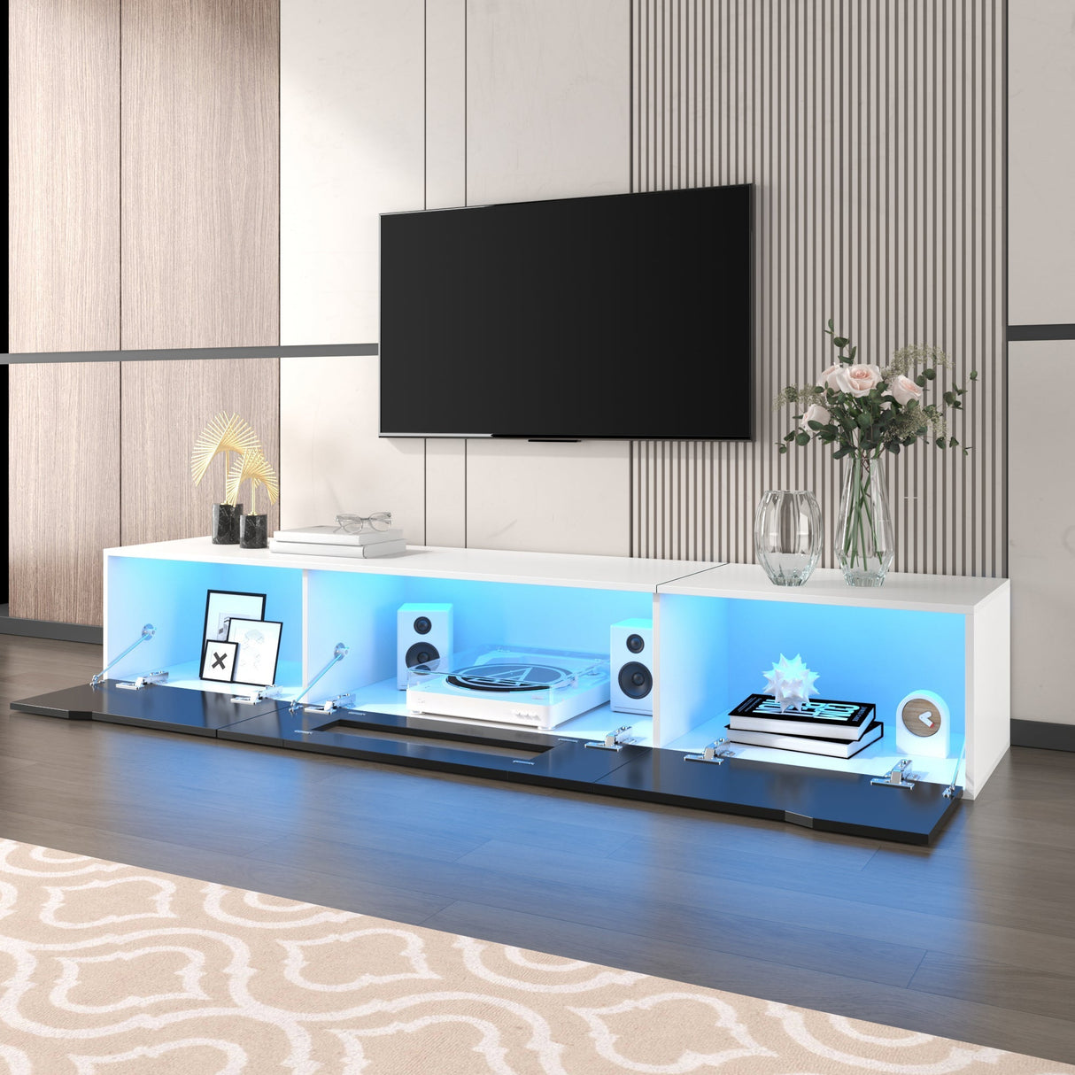 TV cabinet, high-gloss, white and black, with color-changing LED lights