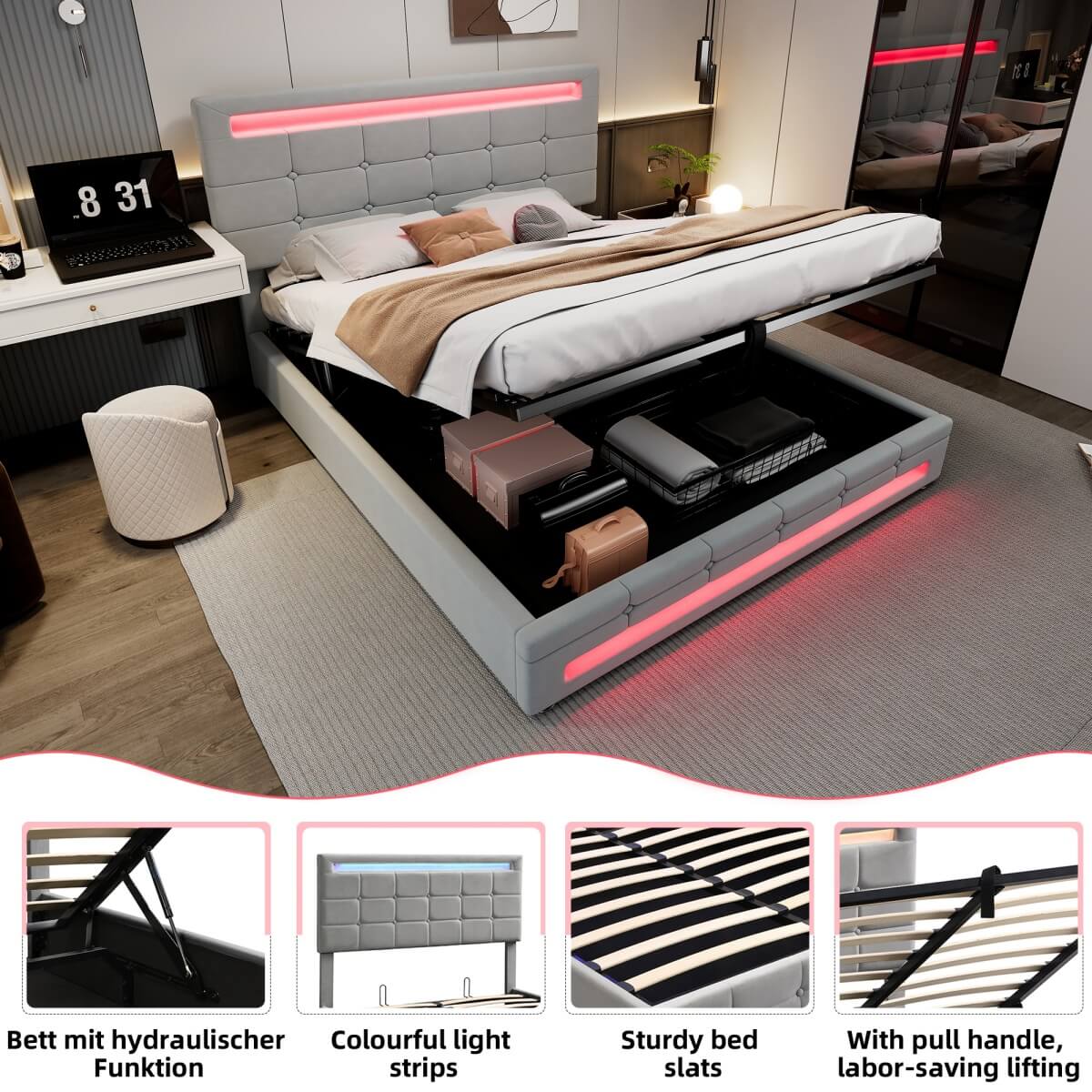 4ft6 Double Velvet Ottoman Bed - LED Storage Bed Frame with 7 Colour Lights, Grey