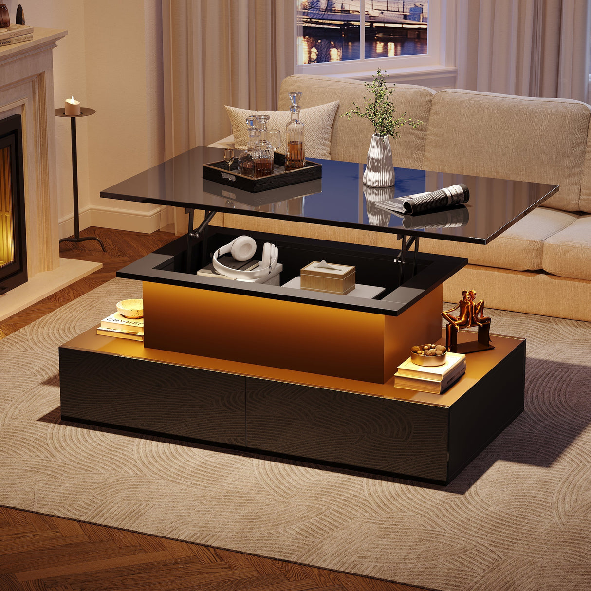 LED High Gloss Coffee Table, 4 Drawers, Lift Top, Storage, Rectangular, Black