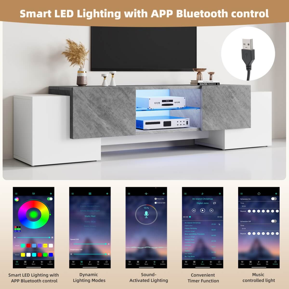 TV Stand with LED Lights - 4 Doors & 2 Open Storage Compartments, White & Grey MDF, 180x40x46.5cm, Fits Up to 80" TV