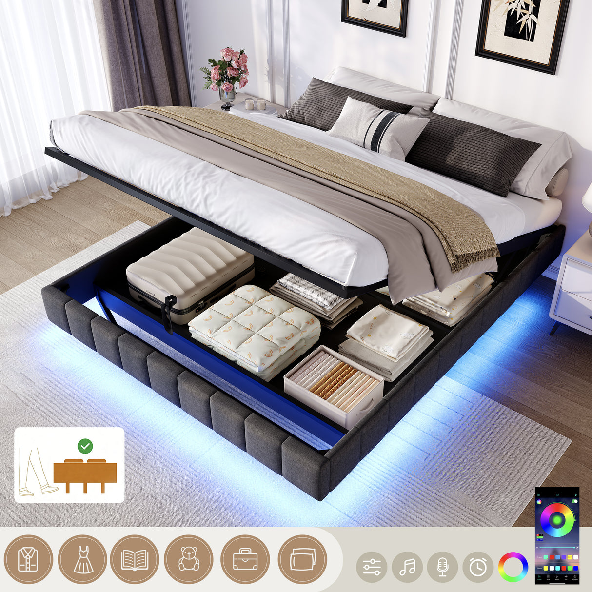 4ft6 Double Floating Bed Frame - Hydraulic Storage, RGB LED Lights, Grey Linen