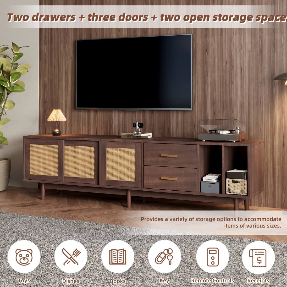 Rattan TV Stand with Sliding Doors - 2 Drawer Storage TV Unit, Dark Wood, Fits up to 80 Inch TV