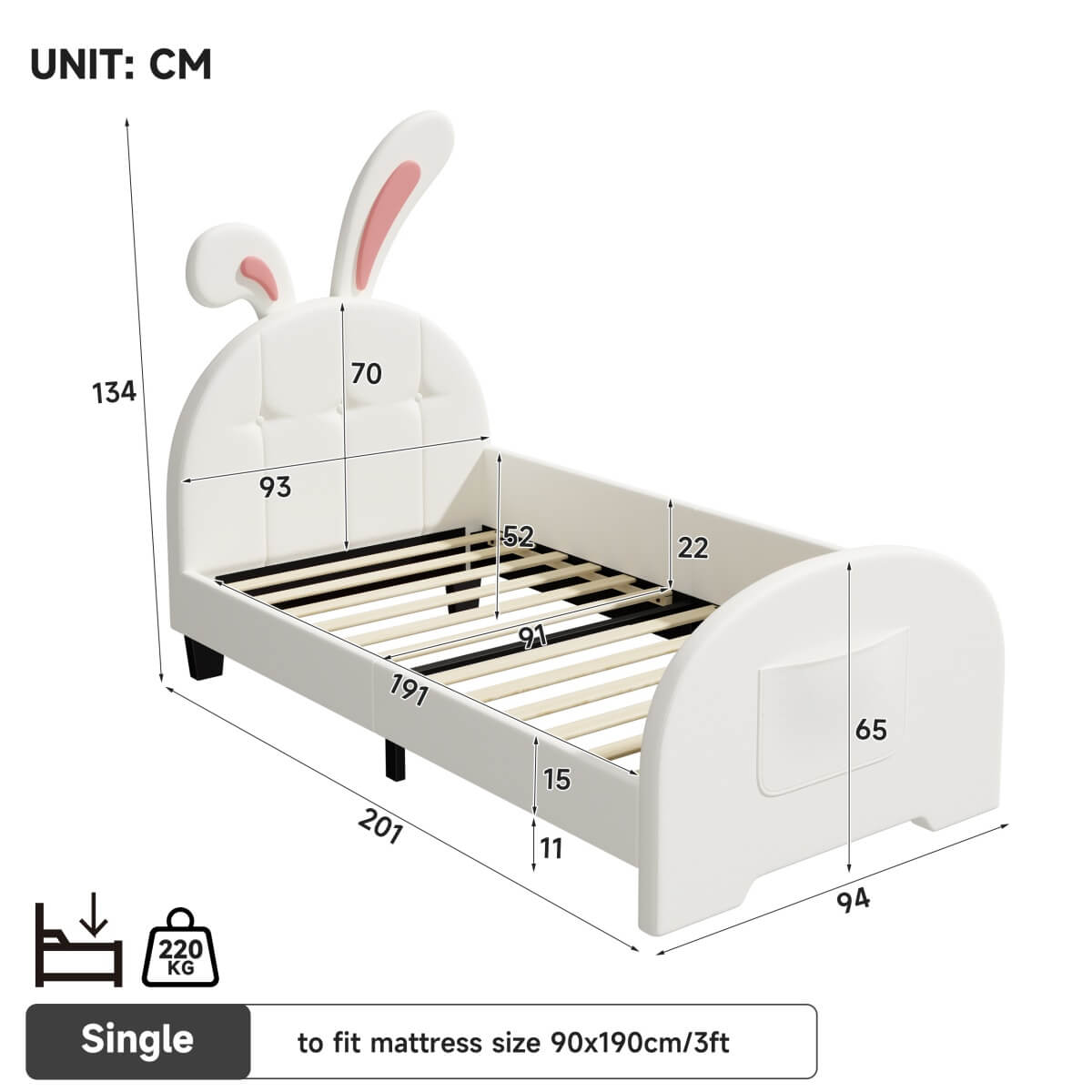 3ft Single Bunny Bed Frame - Upholstered PU Leather, Rabbit Ear Headboard, Cream White