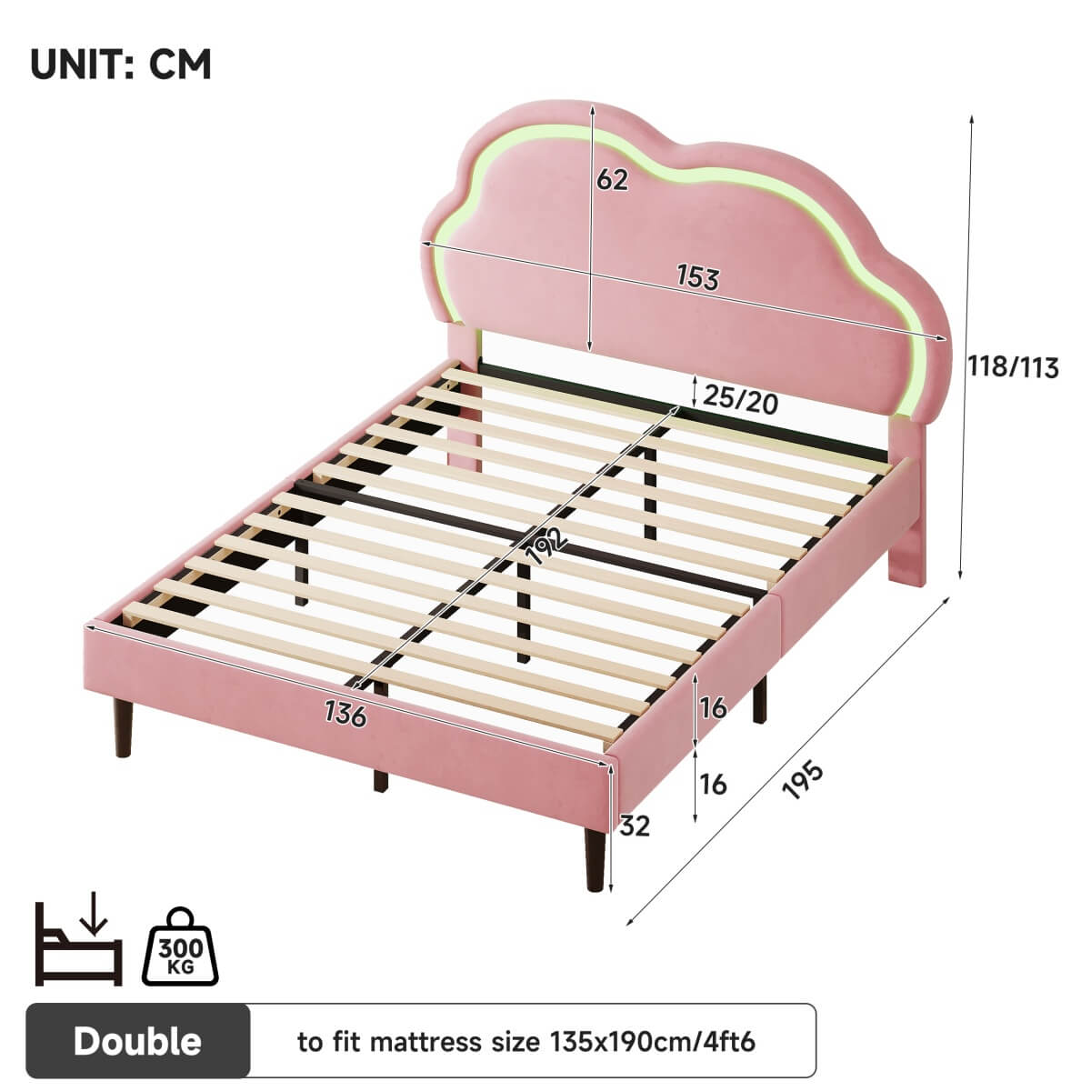 4ft6 Double Velvet Bed Frame - LED Cloud Headboard, Adjustable Height, Pink
