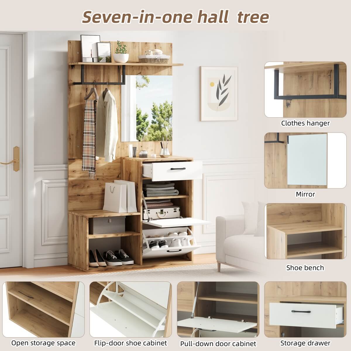 7-in-1 Hallway Storage Unit with Mirror — Coat Rack, Shoe Bench & Cabinet, High Gloss Hall Tree