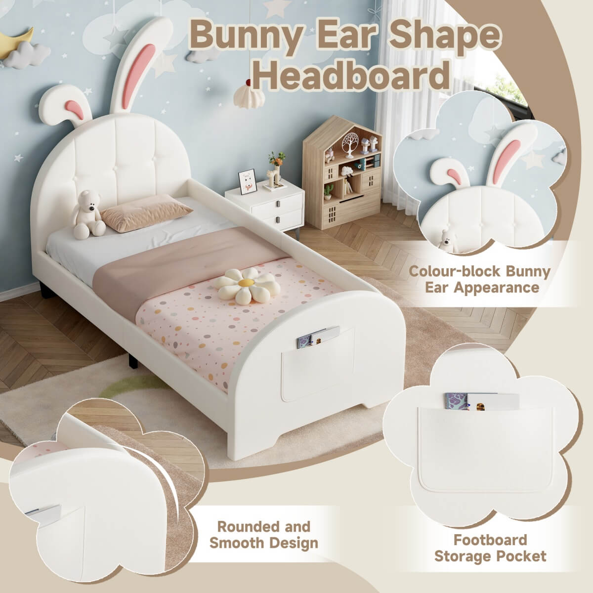 3ft Single Bunny Bed Frame - Upholstered PU Leather, Rabbit Ear Headboard, Cream White