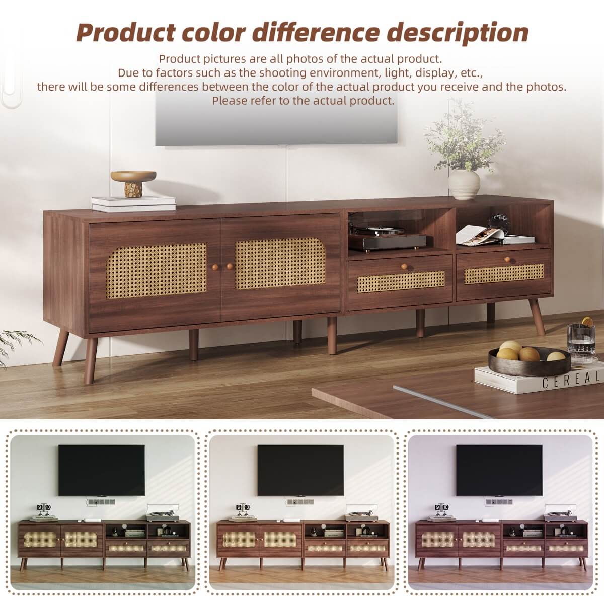 Rattan TV Stand with Storage - 2 Door TV Cabinet with Drawers, Dark Wood, Fits up to 90 Inch TV
