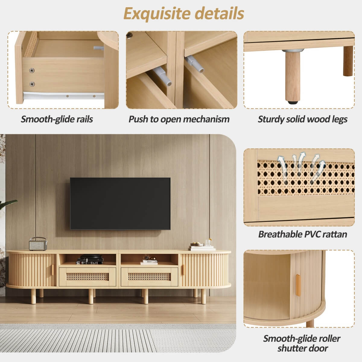 Rattan TV Stand with Sliding Doors - 2 Drawer Storage TV Unit, Fits up to 70 Inch TV