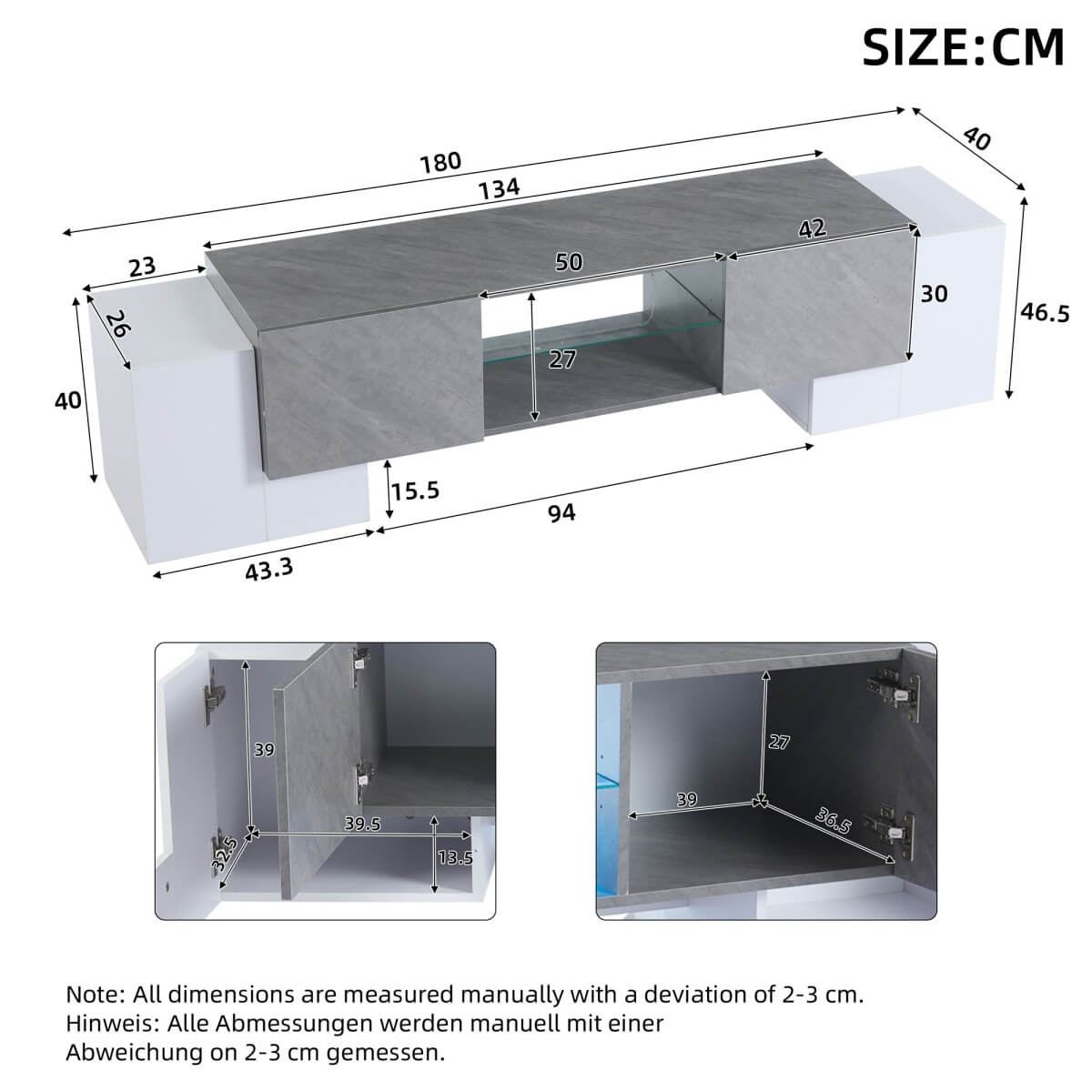 TV Stand with LED Lights - 4 Doors & 2 Open Storage Compartments, White & Grey MDF, 180x40x46.5cm, Fits Up to 80" TV
