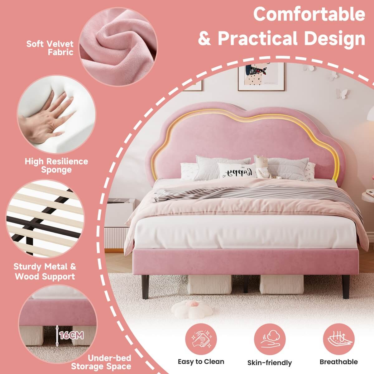 4ft6 Double Velvet Bed Frame - LED Cloud Headboard, Adjustable Height, Pink