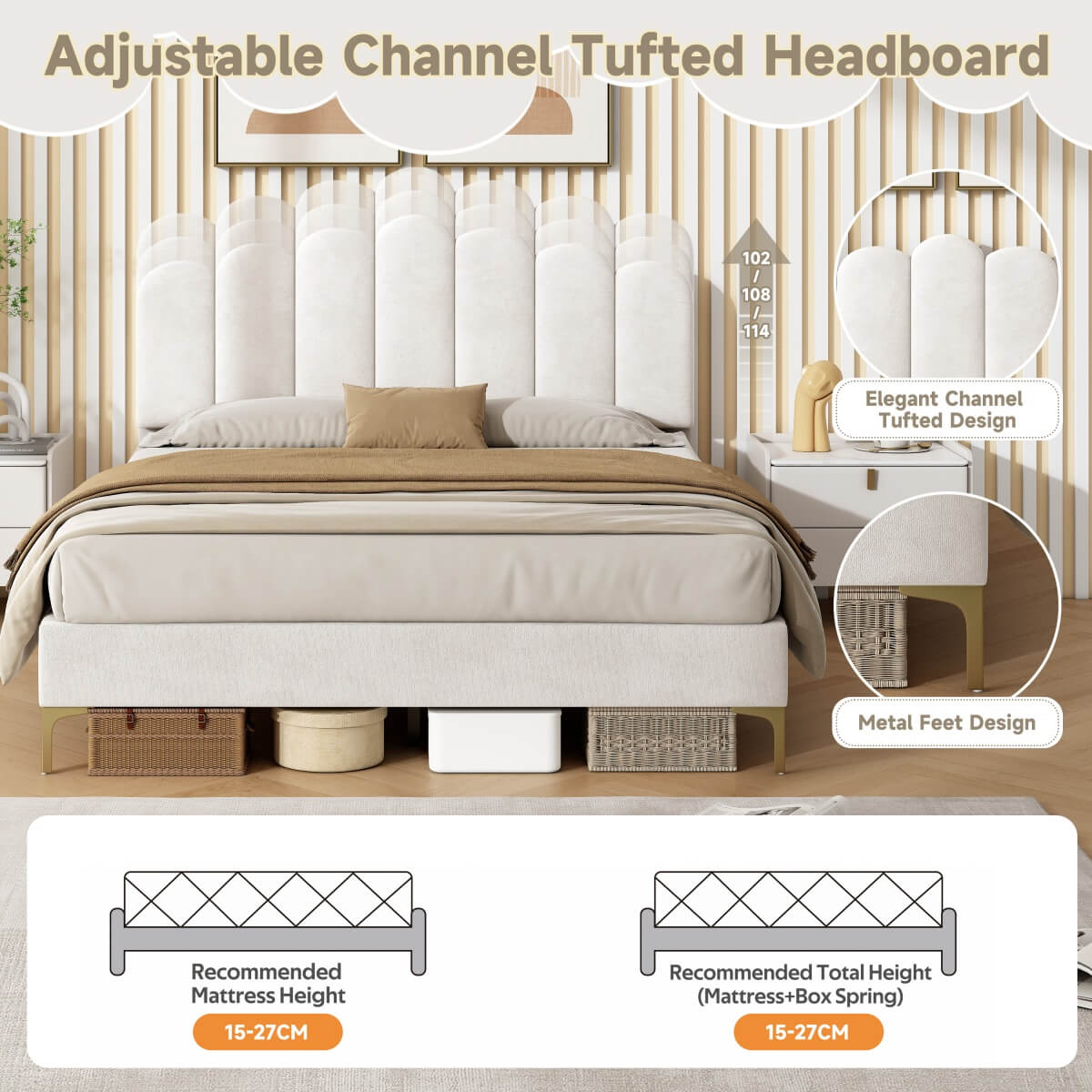 4ft6 Double Velvet Bed Frame - Scalloped Tufted Headboard, Adjustable Height, Gold Legs, Beige