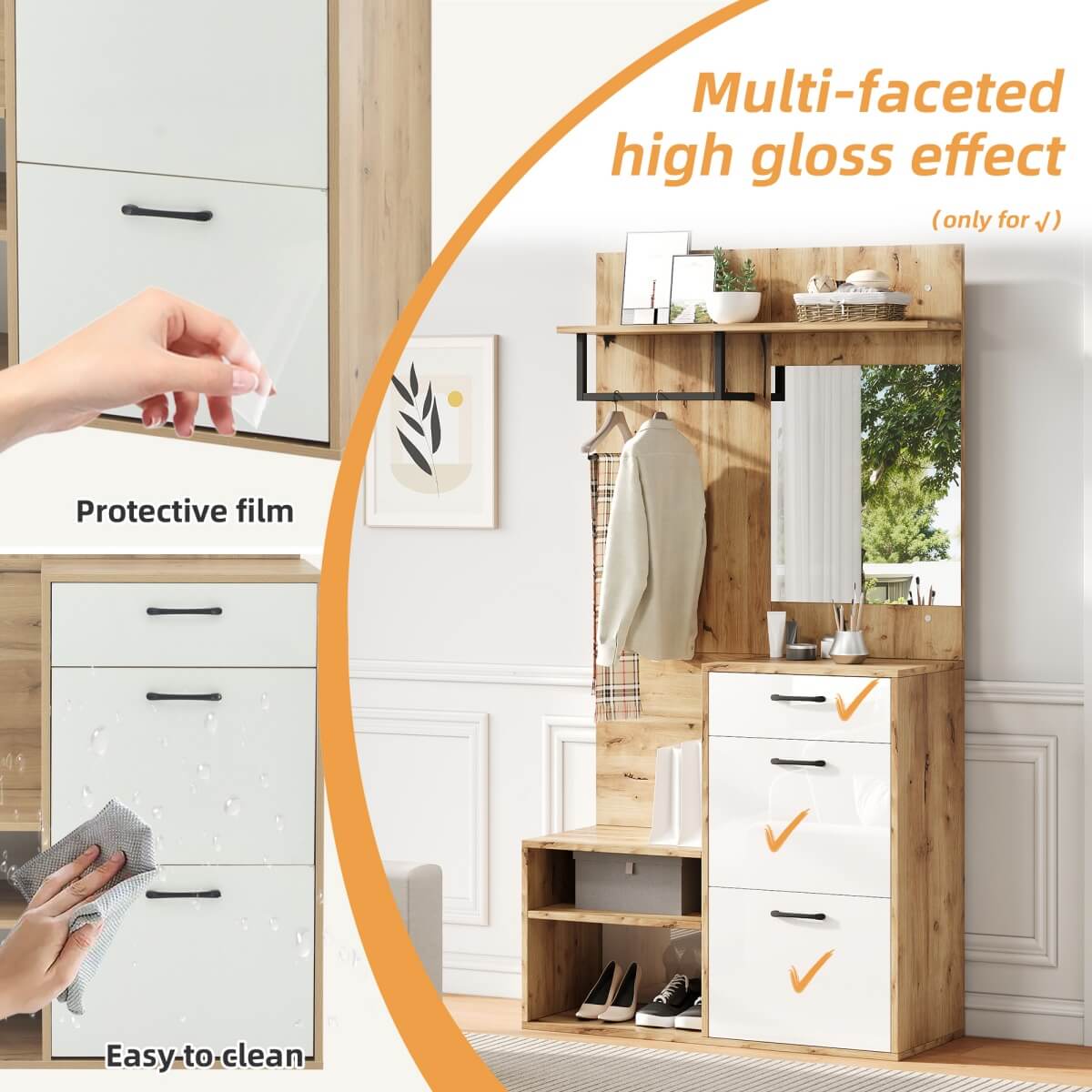7-in-1 Hallway Storage Unit with Mirror — Coat Rack, Shoe Bench & Cabinet, High Gloss Hall Tree
