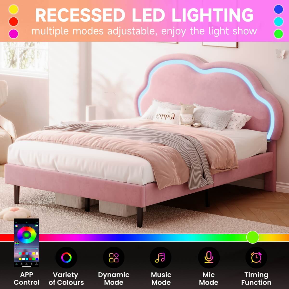 4ft6 Double Velvet Bed Frame - LED Cloud Headboard, Adjustable Height, Pink