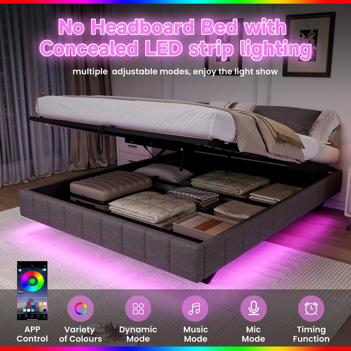 4ft6 Double Floating Bed Frame - Hydraulic Storage, RGB LED Lights, Grey Linen