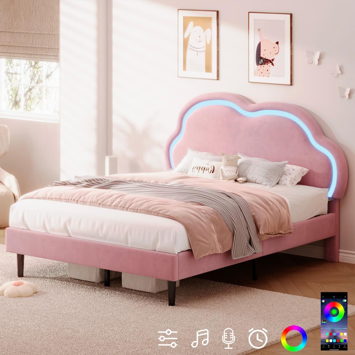 4ft6 Double Velvet Bed Frame - LED Cloud Headboard, Adjustable Height, Pink