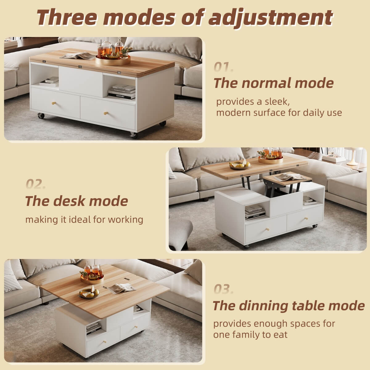 Lift-Top Coffee Table with Storage & Wheels - Extendable Dual Platform Living Room Centre Table