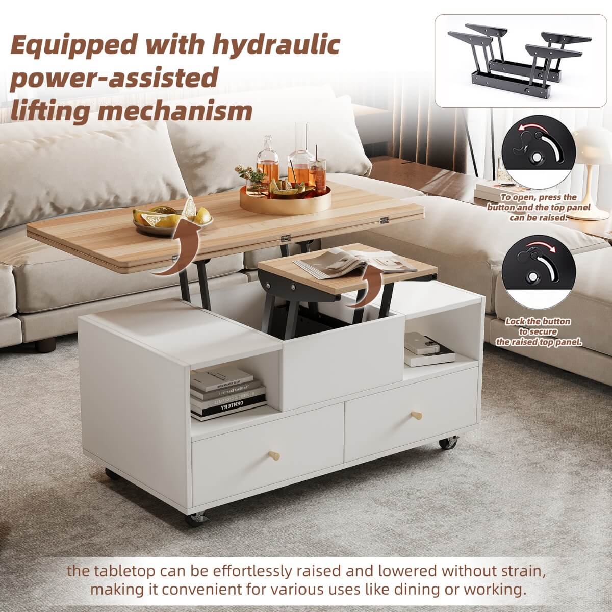 Lift-Top Coffee Table with Storage & Wheels - Extendable Dual Platform Living Room Centre Table