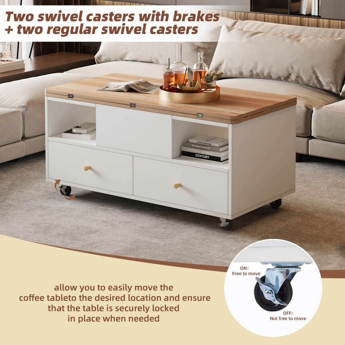 Lift-Top Coffee Table with Storage & Wheels - Extendable Dual Platform Living Room Centre Table